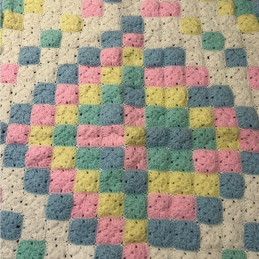 Handmade Crochet Granny Square Multi-Colored Baby Blanket Pink Blue Yellow